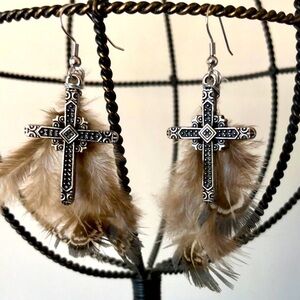 Silver Plated Cross Statement Earrings with Feathers Hand Crafted